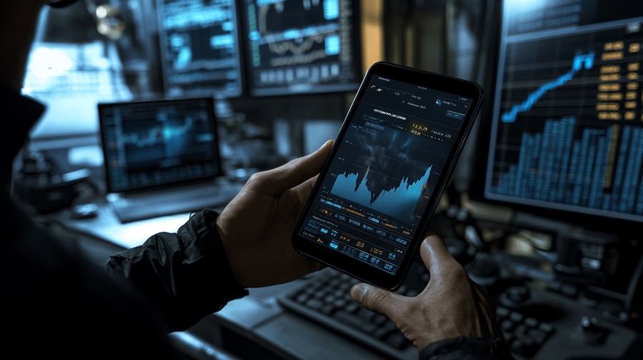 Hombre haciendo comercio con un teléfono inteligente Man trading on smartphone 1