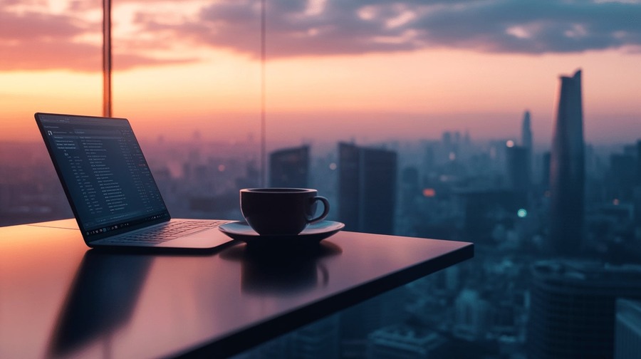 Laptop and coffee at sunrise Laptop and coffee at sunrise