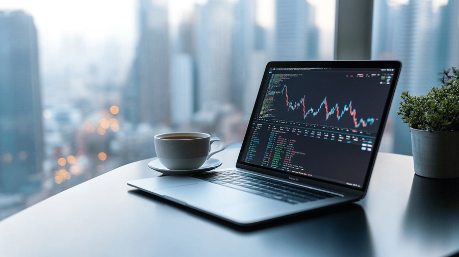 Computadora portátil que muestra gráficos del mercado de valores Laptop displaying stock market charts