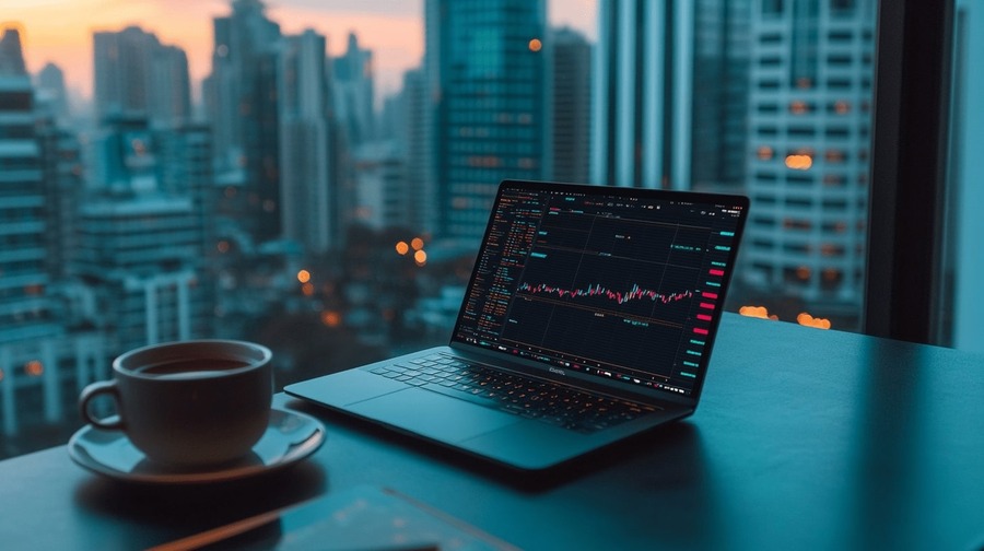 Computadora portátil que muestra gráficos comerciales Laptop displaying trading charts