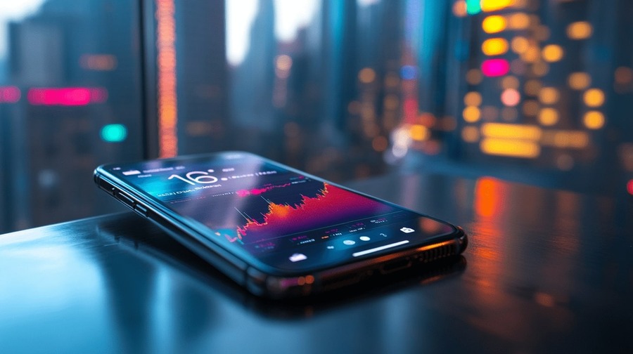 Smartphone que muestra un gráfico de operaciones Smartphone displaying trading chart